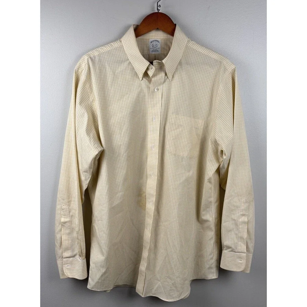 Brooks Brothers Men 17-35 Classic Yellow Check Dress Shirt NonIron Supima Cotton